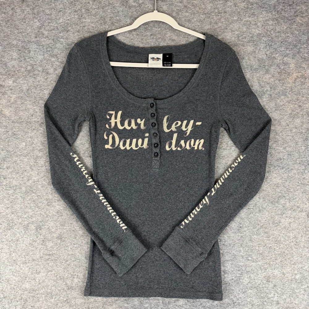 Harley Davidson Ribbed Long Sleeve Henley Top Cotton Gray Womens M